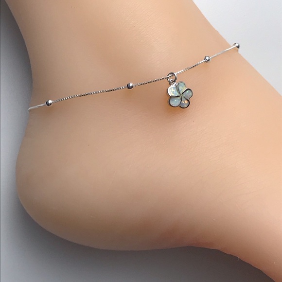 Sterling Silver Opal Plumeria Flower Anklet - Picture 6 of 8